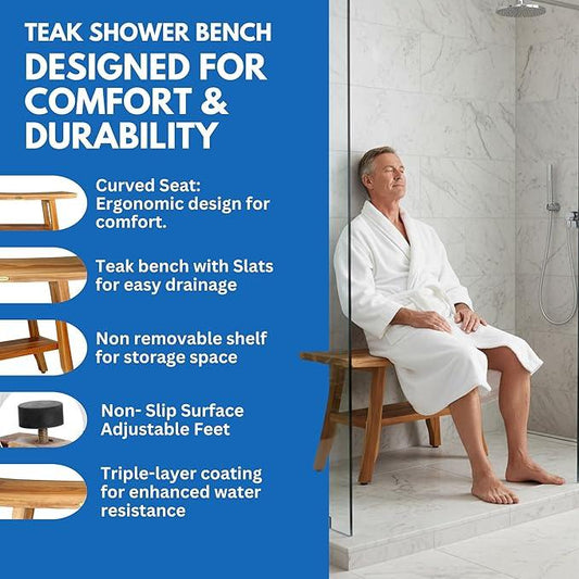 EcoDecors 28" Satori Teak Shower Bench –Bath Seat, Natural Wood Finish Water-Resistant Spa Bench | Slatted Design & Adjustable Feet for Indoor Outdoor Use | Sturdy & Safe - ModernBath