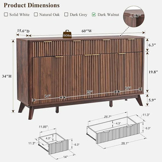 OKD Fluted Storage Cabinet with Drawers, 60" Morden Buffet Sideboard Coffee Bar Cabinet with 4 Doors and 3 Drawers for Dining Room, Living Room,Hallway (Dark Walnut) - ModernBath