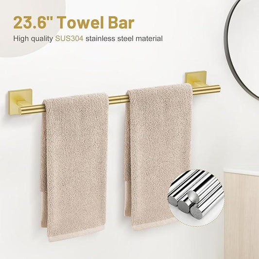 5 Pieces Bathroom Hardware Set Brushed Gold Towel Bar Set Includes 23.6” Towel Bar, Towel Ring Holder, Toilet Paper Holder and Two Towel Hooks, Bathroom Accessories Set SUS304 Wall Mounted - ModernBath