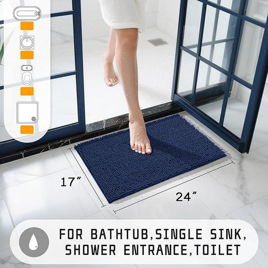 Yimobra Washable Bathroom Rugs, Super Soft & Absorbent Chenille Bath Mat for Floor & Carpet, Quick Dry Non Slip Bath Mat for Tub Shower, 24" x 17",Navy Blue - ModernBath