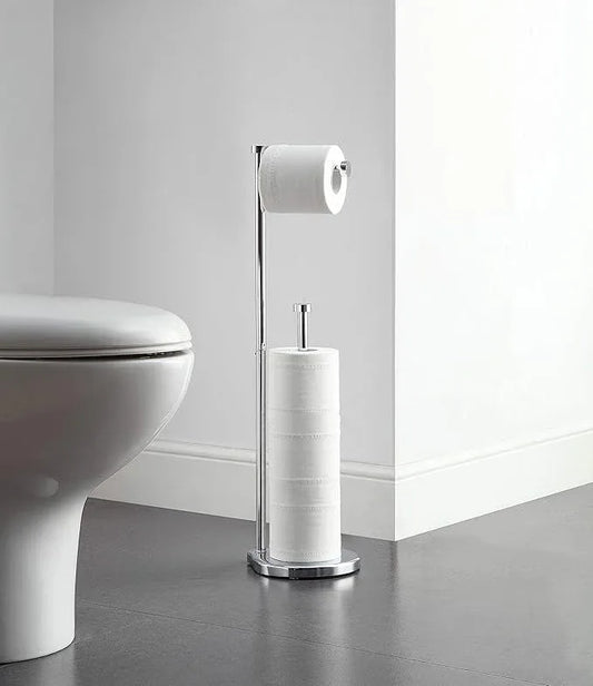 SunnyPoint Free Standing Bathroom Toilet Paper Holder Stand with Reserve, Reserve Area has Enough Space for Jumbo Roll (Chrome) - ModernBath