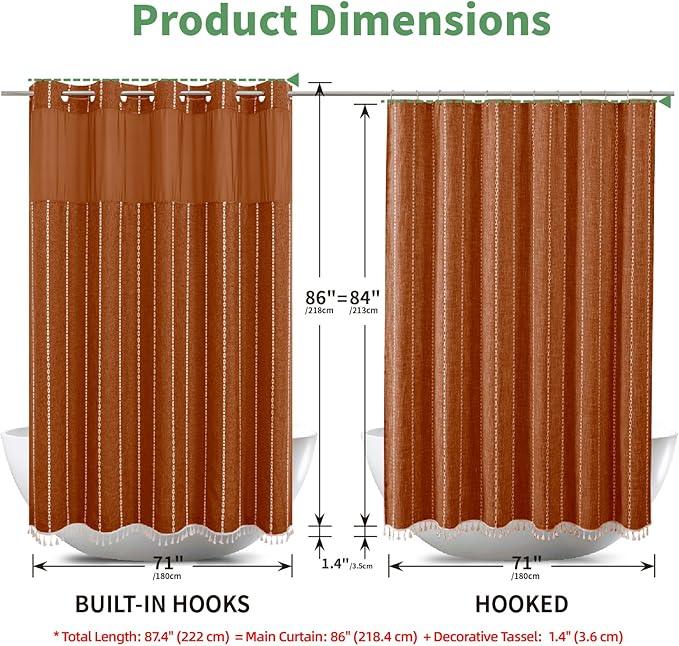 eachope No Hook Extra Long Shower Curtain Set with Snap-in Liner,Linen Textured Thick Striped Fabric with Tassels,Boho Chic Modern Farmhouse Bathroom Curtain,Water-Repellent,Orange,71x86 - ModernBath