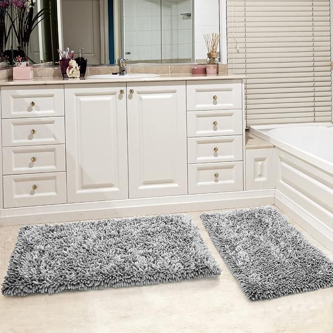 Yimobra Bathroom Rug Set 2 Piece, Luxury Shaggy Bath Mat Set with Non Slip Backing, Ultra Soft & Absorbent Mats for Bathroom Floor, Machine Washable, 44"x24"+24"x17", Light Grey - ModernBath