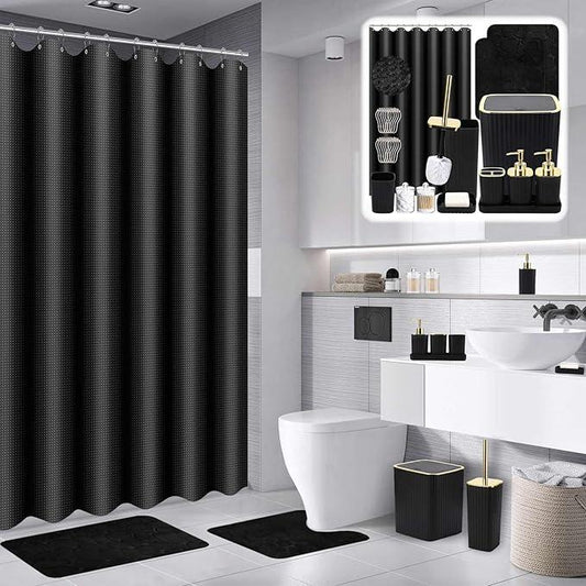 XLHOMO Bathroom Set with Shower Curtain and Rugs- 25PC Bathroom Accessory Set, Black Shower Curtain Set, Toilet Brush, Trash Can, Qtip Holder Dispenser & Soap Dispenser - ModernBath