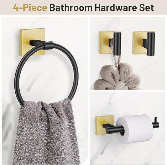 Towel Ring Set 4 Piece Bathroom Hardware Set Includes Towel Ring 2 Towel Hooks and Toilet Paper Holder Stainless Steel Wall Mounted (Black Gold) - ModernBath