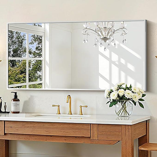 KOCUUY Silver Bathroom Mirror, 48"x24" Rectangle Bathroom Mirror for Wall, HD Tempered Glass, Anti-Rust Brushed Silver Frame, Modern Design for Bathroom, Bedroom, Living Room, Entryway. - ModernBath