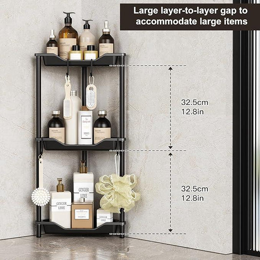 Orimade Rustproof 3 Tier Floor Standing Corner Shower Caddy Organizer, Plastic Metal Splicing Floor Corner Shelf Rack Stands for Bathroom, Black - ModernBath