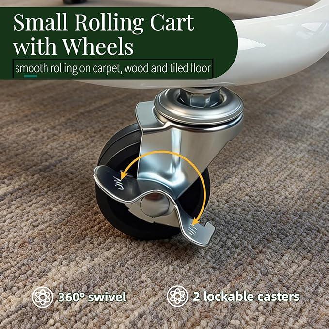 2 Tier Under Desk Storage Cart with Wheels Heavy Duty Metal Short Rolling Pantry Storage Cart for Small Space, Utility Trolley for Kitchen Bathroom Laundry Cute Snack Craft Organizer, White - ModernBath