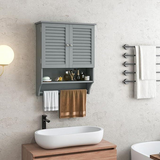 Tangkula Wall Mounted Bathroom Cabinet with Open Shelf & Bar, Medicine Cabinet with Double Louvered Doors, Wall Storage Cabinet with Adjustable Shelf, for Bathroom Living Room Kitchen (Grey) - ModernBath