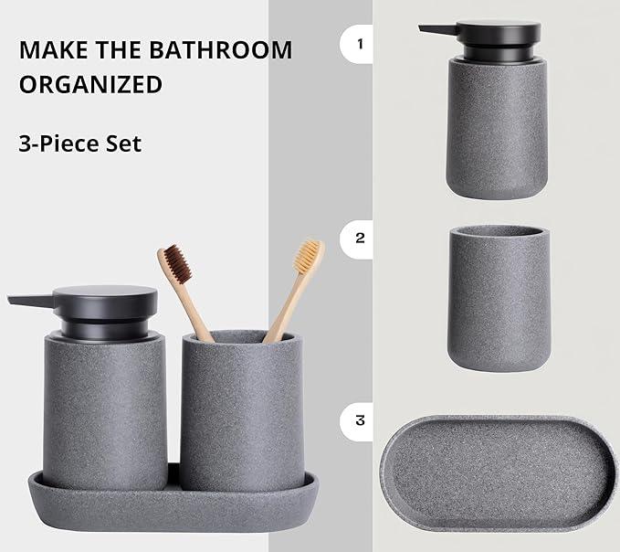 Clasin Home 3 Pcs Bathroom Accessories Set, Liquid Soap Dispenser with Large Pump, Toothbrush Holder Cup and Soap Dish, Sandstone Texture Bathroom Counter Set for Modern Home (Gray) - ModernBath