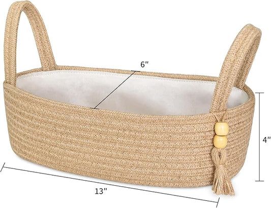 ABenkle Small Storage Basket for Toilet Tank Top - Jute Rope Woven Organizer with Handle, Boho Countertop Bathroom Decor, Toilet Paper Holder, 13x6x4 Inch