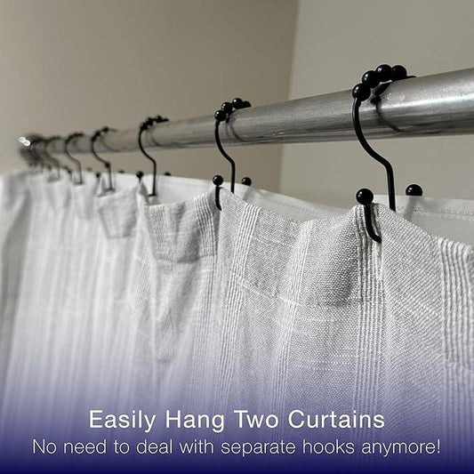 2lbDepot Double Shower Curtain Hooks Rings (Matte Black Decorative Finish) Premium Rust Resistant Stainless Steel Metal Hook, Roller Balls Glide on Shower Rods, Set of 12 Pieces - ModernBath