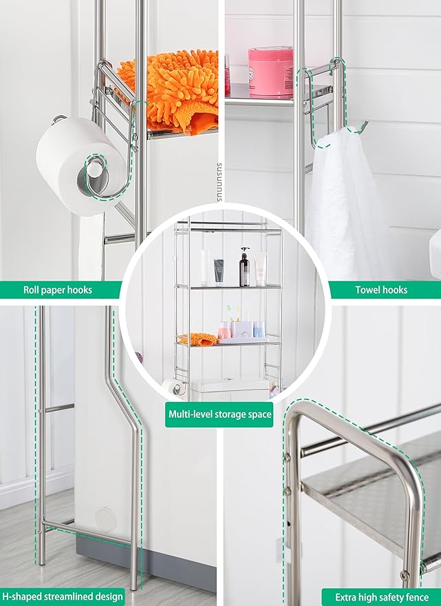 susunnus Over The Toilet Storage 3 Tier M,Bathroom Shelves Over Toilet,Freestanding Space Saver with Toilet Paper Holder,Stainless Steel,Pragmatic,Sturdy,Waterproof,Silver