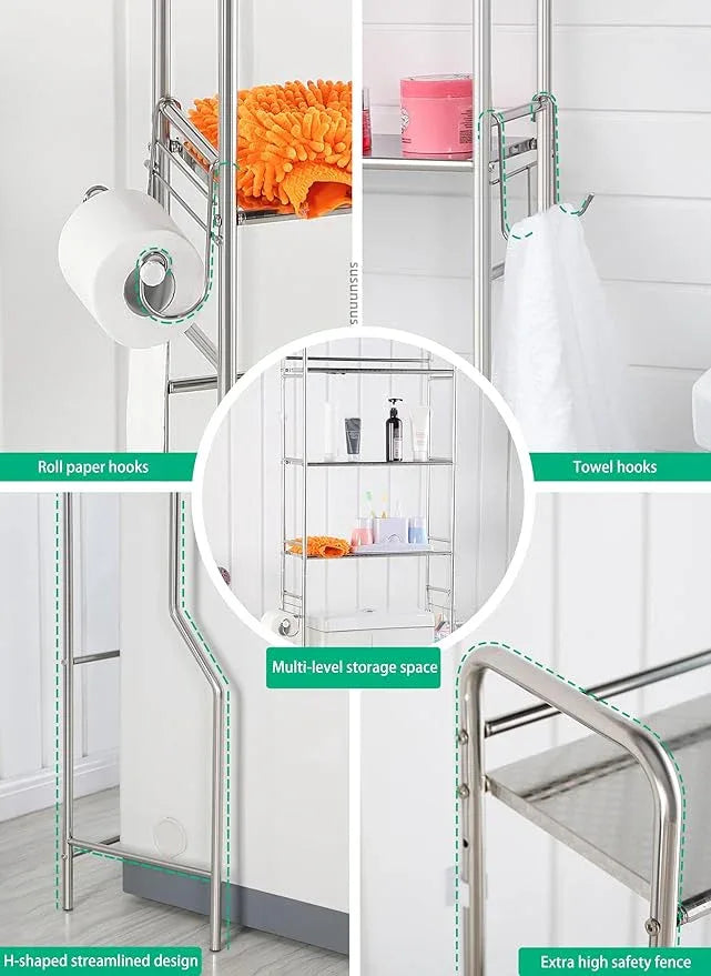 susunnus Over The Toilet Storage 3 Tier M,Bathroom Shelves Over Toilet,Freestanding Space Saver with Toilet Paper Holder,Stainless Steel,Pragmatic,Sturdy,Waterproof,Silver - ModernBath