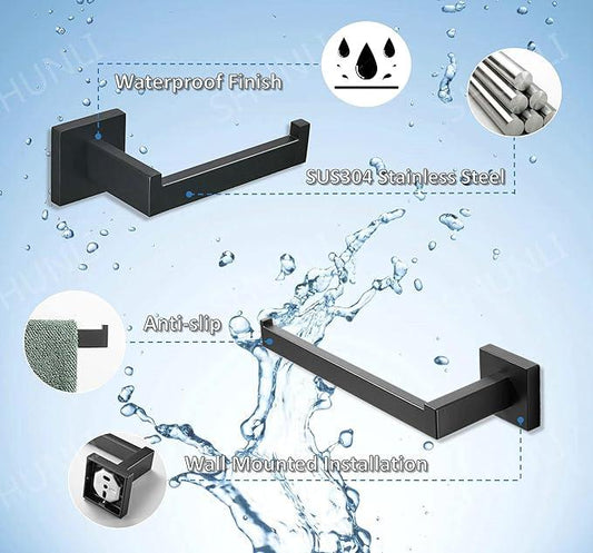 SHUNLI Black Toilet Paper Holder + Hand Towel Holder, 2 Pieces Bathroom Hardware Accessories Set, Towel Ring Towel Bar Wall Mounted, SUS304 Stainless Steel - ModernBath