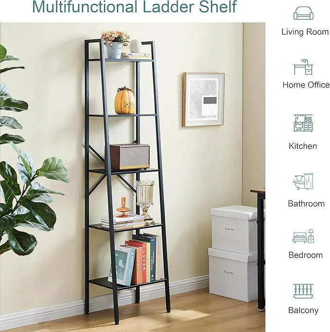 Hoctieon 5-Tier Industrial Ladder Bookshelf, Narrow Ladder Shelf, Tall Standing Bookshelf, Skinny Open Ladder Shelf, for Living Room, Home Office, Kitchen, Bedroom, Metal Frame, Black - ModernBath