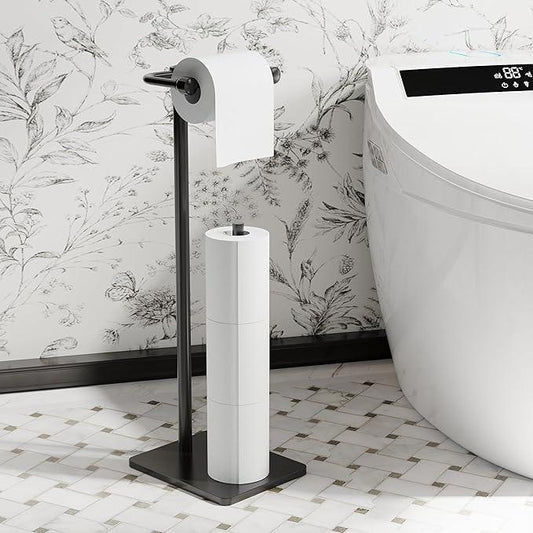 RUACQ Toilet Paper Holder Stand, Bathroom Toilet Paper roll Holder Free Standing with Storage for 4 Rolls, Post Pivoting Design, Stable Weighted Base, SUS304 Stainless Steel (Matte Black) - ModernBath