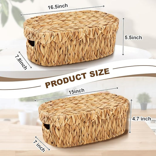 Wonderjune 2 Pack Toilet Paper Storage Basket with Lid Two Water Hyacinth Woven Wicker Bathroom Organizer Farmhouse Boho Decorative Toilet Tank Top Holder Bath Accessories