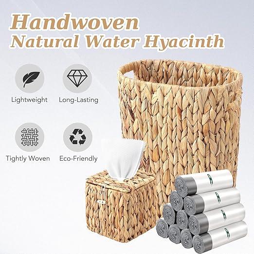 BSSN Wicker Trash Can with 150 Count 5 Gallon Trash Bag, Square Tissue Box Holder, Handwoven Waterproof Waste Basket 15L with Handles, Wicker Home Set for Bedroom, Bathroom, Kitchen (White Trash Bag) - ModernBath