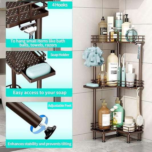 HapiRm Corner Shower Caddy Standing - 3 Tier Shower Organizer Corner with Soap Holder, Rustproof Bathroom Standing Organizer with 4 Hooks, Bronze - ModernBath