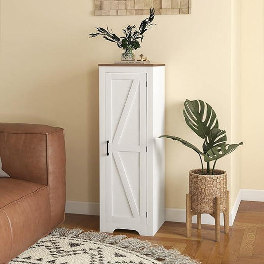 HOMCOM Farmhouse Storage Cabinet with Adjustable Shelf, Single Barn Door Small Bathroom Storage Cabinet for Living Room, Floor Pantry Cabinet, White - ModernBath