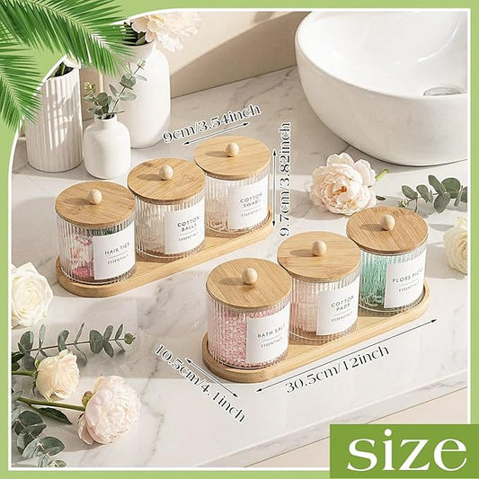 Vesici 6 Pack Bathroom Canisters Ribbed Apothecary Jars with Bamboo Lids 2 Bamboo Trays and 9 Label Stickers Cotton Swabs Holder Bathroom Organizer Storage Set Acrylic 18 oz Dispenser Container(Wood)