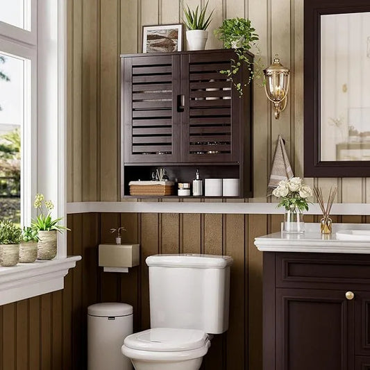 SMIBUY Bathroom Cabinet Wall Mounted, Bamboo Over-The-Toilet Storage Organizer, Space Saver Medicine Cabinet with 2 Door and Adjustable Shelves (Dark Brown) - ModernBath