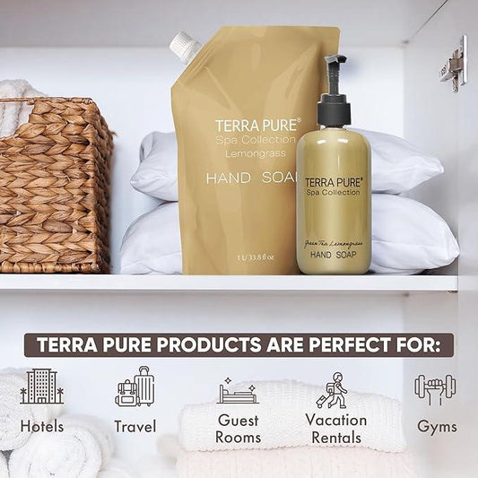 Terra Pure Spa Collection 1 Liter Hand Wash Refill Bag For Soap Dispensers | Bulk Toiletries for Vacation Rentals, and Home Bathroom Showers | Green Tea Lemongrass | Single - ModernBath