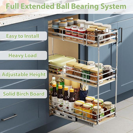ROOMTEC 3-Tier Pull Out Cabinet Organizer Spice Rack for Narrow Cabinet 9" W x 20½" D, Slide Out Wood Shelves Storage for Kitchen - ModernBath