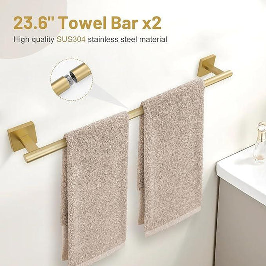 10 Pieces Brushed Gold Towel Bar Set, 23.6 Inch Bathroom Accessories Set SUS304 Stainless Steel Bathroom Hardware Set Towel Racks for Bathroom Wall Mounted. - ModernBath