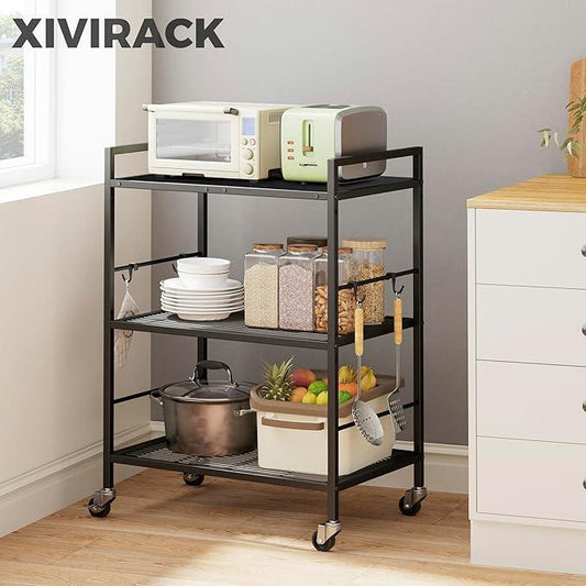 3-Tier Metal Storage Rack with Industrial Wheels,Mesh Shelving Unit with Wooden Table top,Adjustable Shelf,23.6-Inch Width,15.8-Inch Depth, for Kitchen, Laundry,Pantry,Plant,Black panel - ModernBath