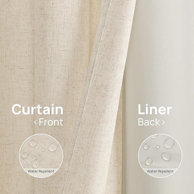 No Hooks Linen Shower Curtain with Snap in Liner Set Rustic Farmhouse Shower Curtains for Bathroom Cream Burlap Cloth Double Bath Curtains with See Through Top Window 72x75 - ModernBath