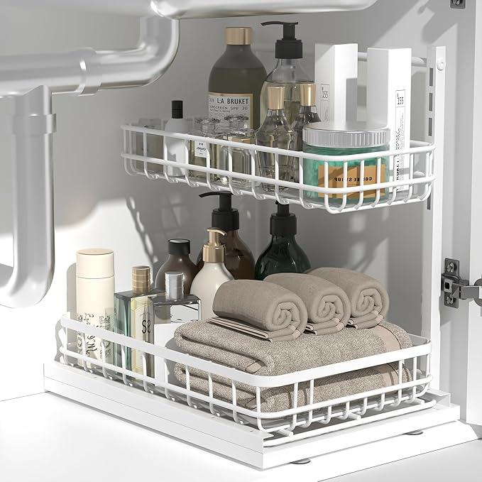 Under Sink Organizer, Adjustable Height Pull-Out Kitchen Storage Organization,15.8" x 11.8" x 16.5", 2-Tier Kitchen Shelf, Bathroom Drawer Organizer, 2 Pack|White - ModernBath
