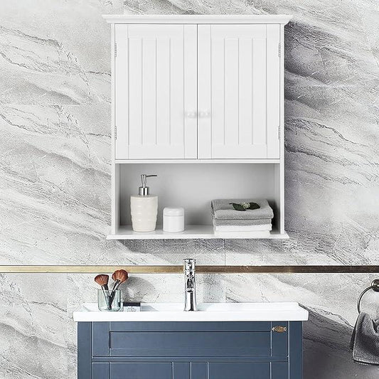 Tangkula Wall Mount Bathroom Cabinet Wooden Medicine Cabinet Storage Organizer with 2-Doors and 1-Shelf Cottage Collection Wall Cabinet (White) - ModernBath