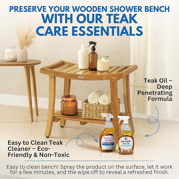 EcoDecors 30 Inch Harmony Natural Color Waterproof Teak Wood Shower Bench Stool Seat Chair For Inside Shower Storage Shelf Provides Safety, Storage, and Organization For Bathroom Accessories