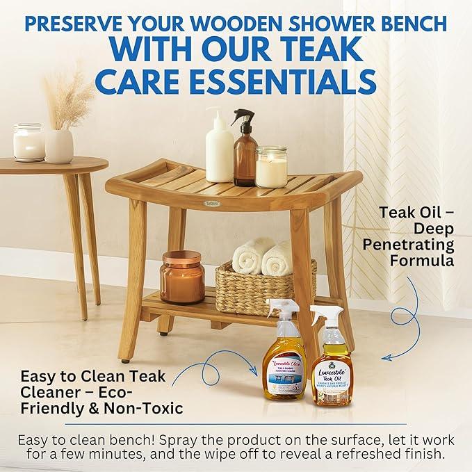 EcoDecors 30 Inch Harmony Natural Color Waterproof Teak Wood Shower Bench Stool Seat Chair For Inside Shower Storage Shelf Provides Safety, Storage, and Organization For Bathroom Accessories - ModernBath