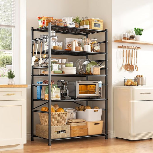 Storage Shelves 5-Tier Large Capacity Wire Shelving with Hooks, Heavy Duty Garage Shelving Unit with Leveling Feet, Stable Metal Shelf for Pantry, Kitchen and Closet, 72" H x 36" W x 12" D, Black