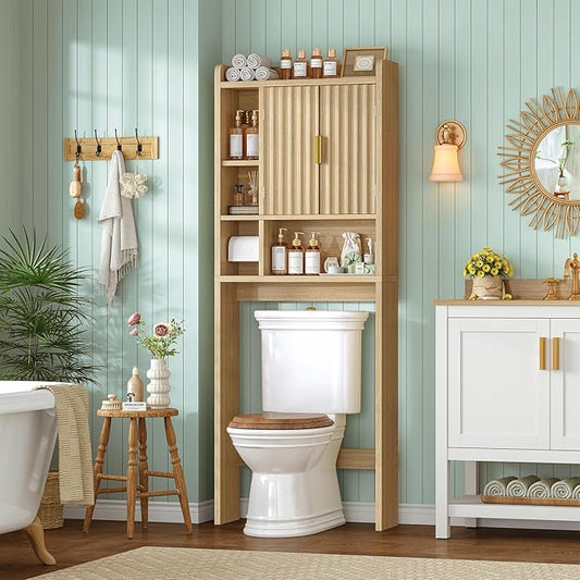TEENFON Over The Toilet Storage Cabinet with 4 Open Shelves and 2 Fluted Doors, Extra Tall Bathroom Organizer Unit with Adjustable Shelf, Home Space Saver for Bathroom, Laundry Room, Natural