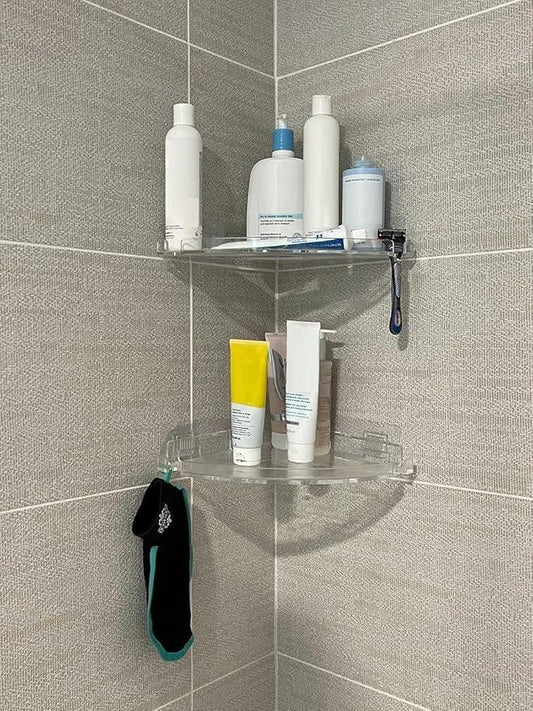 JiePai Acrylic Corner Shower Caddy Shelf with Hooks 2 Pack, Adhesive Wall Mounted Bathroom Shower Organizer for Inside Shower & Kitchen Storage, Space-Saving Design - ModernBath