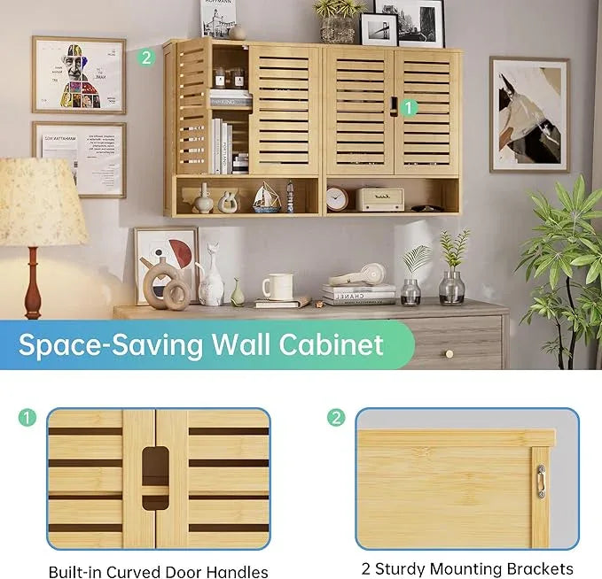 SMIBUY Bathroom Cabinet Wall Mounted, Bamboo Over-The-Toilet Storage Organizer, Space Saver Medicine Cabinet with 2 Door and Adjustable Shelves (Natural) - ModernBath