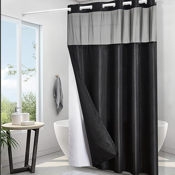Black No Hook Double Shower Curtain Set with Snap in Liner,Heavy Duty Waffle Weave Textured Fabric Bathroom Curtains with See Through Window,Machine Washable & Waterproof,Hotel Qulity,71x72 Inch - ModernBath
