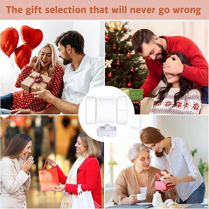 Makeup Vanity Mirror with Light, Triple Magnification (1X/2X/3X) with Storage, Touch Control and 3-Color dimming Lighting, Portable Travel Trifold Mirror,Gift for her - ModernBath