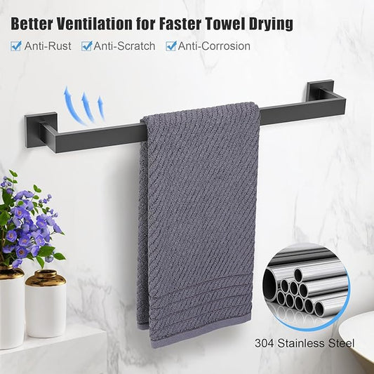 TURS Bathroom Hardware Set Black 4-Piece Towel Bar Set Include 24 Inch Towel Bar Hand Towel Holder Towel Hook Toilet Paper Holder with Shelf Wall Mounted Stainless Steel Bathroom Accessories Set