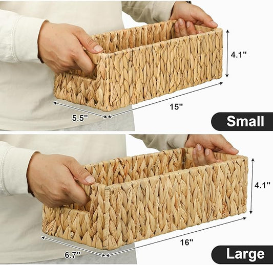 Graciadeco Nesting Small Wicker Basket, Water Hyacinth Toilet Paper Baskets Bathroom Organizer Woven Long Narrow Baskets for Organizing Pantry Bathroom Toilet Tank, 2 Pack