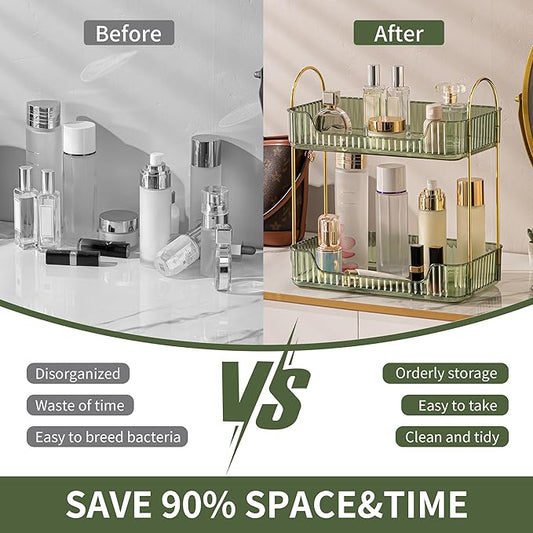 YCIA&DONE Bathroom Organizer Countertop, Makeup Storage, Skincare Cosmetic Tray Shelf, Perfume Holder Rack for Vanity Counter, Large Capacity, Easy to Install, Clean, 2 Tiers, Vintage Green