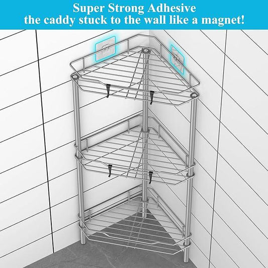 3 Tier Floor Standing Corner Shower Caddy Organizer Shelf with Hooks, Bathroom Shelves Stand Rack, Gray - ModernBath