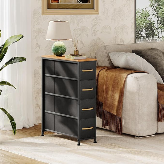 Narrow Dresser Storage Tower with 4 Drawers, Slim Dresser Chest of Drawers with Steel Frame, Wood Top, Dresser for Bedroom, Bathroom, Small Spaces, Laundry, Closet (Black)