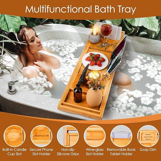Foldable Bathtub Caddy Tray, Bamboo Bath Tub Tray Table for Tub with Wine Glass Holder Book Phone Tablet Holder with Extending Sides, Adjustable Bathroom Bathtub Free Soap Holder Gift Idea (Beige) - ModernBath