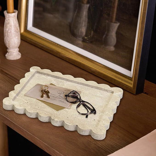Prolee Scalloped Marble Tray,Marble Vanity Trays for Bathroom 12" x 9", Scalloped Tray,Wave Appearance Jewelry Home Decor Stone Trays for Kitchen Counter, Bathroom, Beige Travertine - ModernBath