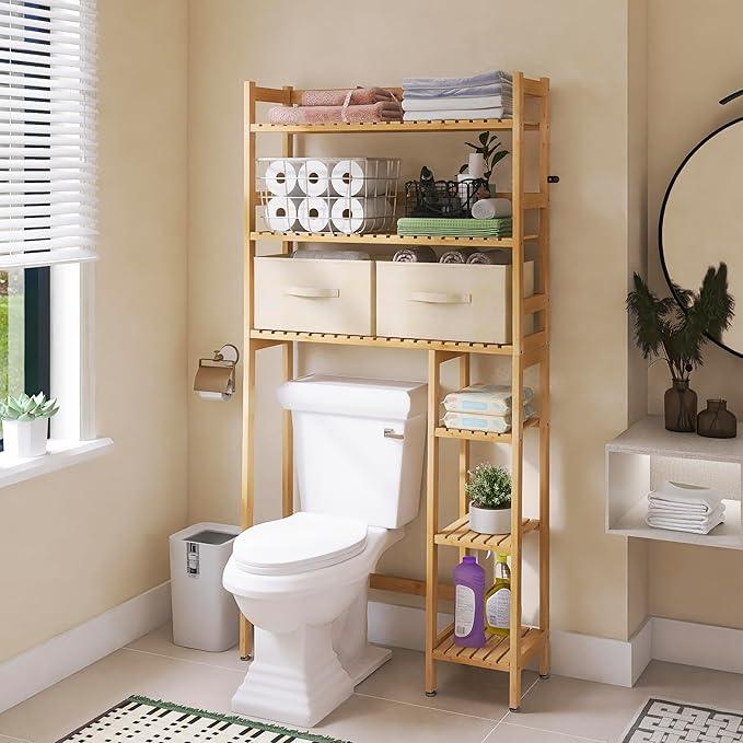 SMIBUY Over The Toilet Storage, Bamboo 6-Tier Bathroom Storage Shelf with Drawers, Freestanding Above Toilet Organizer Rack, Mass-Storage, Space Saver for Small Room (Natural) - ModernBath